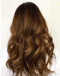 Person with long, wavy, medium brown hair with lighter highlights, viewed from the back against a plain light background. | AMORE Salon, St. Petersburg, FL
