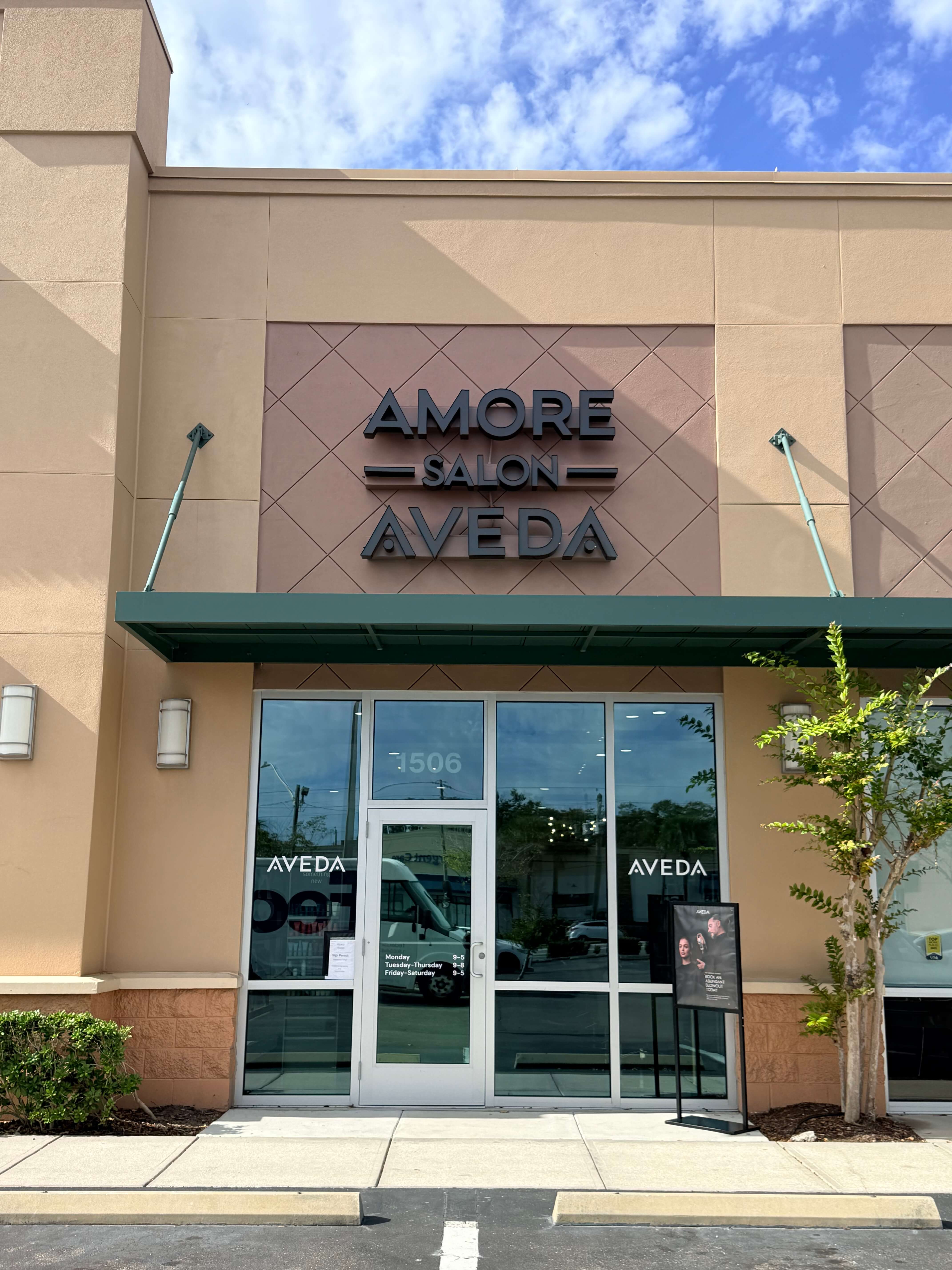 Exterior of Amore Salon Aveda with large signs above the entrance, glass doors, a small tree, and a parked van reflected in the window. | AMORE Salon, St. Petersburg, FL