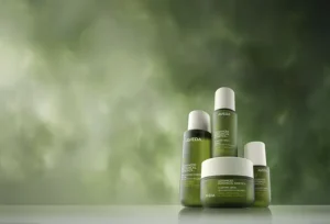Four green Aveda skincare product bottles and jars, featuring plant-based anti-aging formulas and vegan peptides, are arranged on a smooth surface with a blurred green background. | AMORE Salon, St. Petersburg, FL